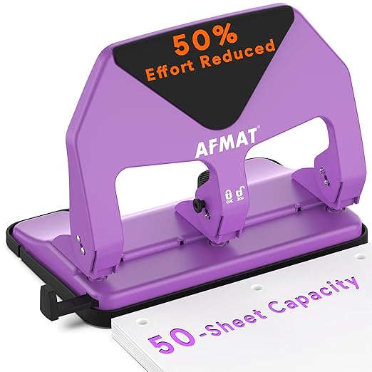 AFMAT Heavy Duty 3 Hole Punch, 50-Sheet Capacity, 50% Reduced Effort Three Hole Puncher for Binder, 10K+ Uses, Large Chip Tray, Adjustable Paper Guide, Office Metal Paper Puncher 3 Ring HP20(Purple)