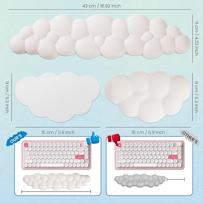 Cloud Keyboard Wrist Rest – Ergonomic Memory Foam Wrist Pad for Computer Keyboard, Comfortable Cloud Mouse Pad, Keyboard Wrist Rest and Cloud Coaster with Non-Slip Base