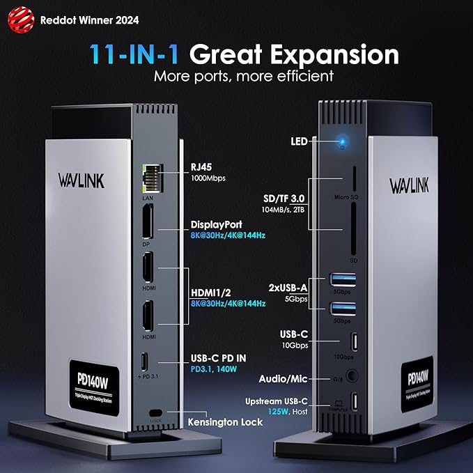 WAVLINK Laptop Docking Station 3 Monitors(Max Resolution: Single 8K or Triple 4K), 11-in-1 USB C Docking Station with 125W PD3.1 Pass-Through, 2*HDMI + DP, for MacBook M1/M2/M3/M4 & Windows, SD/TF