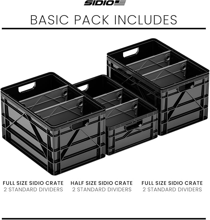 SIDIO Crate Basic Pack - 2 Full-Size & 1 Half-Size Heavy Duty Stackable Storage Bins, Totes and Containers with Dividers - Durable Plastic Organizer for Home, Office, Garage, and Outdoor Use, Black