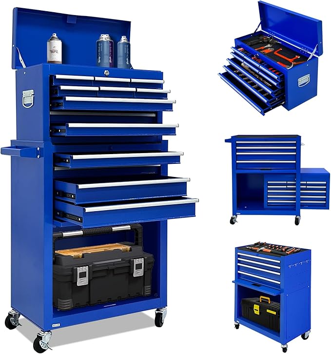 13-Drawer Tool Chest with Tool box and wheels, Large Detachable Tool box with Sliding Drawers, Mechanic Storage Cabinets, Metal Tool Cart for Garage Workshop (Blue)