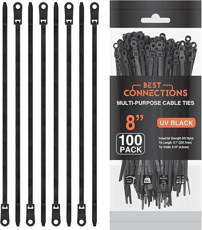 BEST CONNECTIONS Black Cable Ties – 5,000 Pcs Cable Zip Ties 8 Inch with Screw Down Hole for Mounting- Strong Nylon Wire Ties with 50 Lbs Tensile Strength – Cable Management Ties for Outdoor & Indoor
