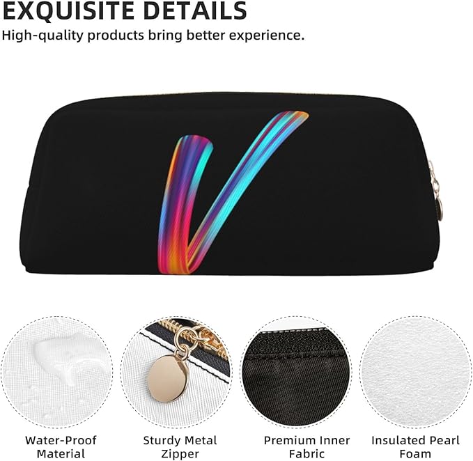 Cute Initial Pencil Case for Kids Simple Leather Pencil Pouch for Boys Girls Letter Design Pencil Box Pen Bag Pencil Pouch Office Stationery Organizer, Rainbow Letter V