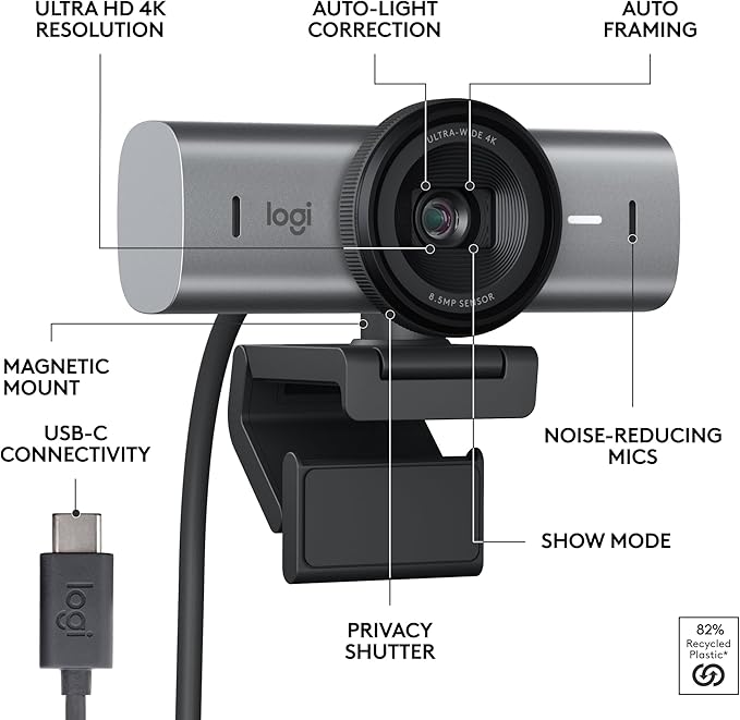 Logitech MX Brio Ultra HD 4K Collaboration, Streaming Webcam, 1080p at 60 FPS, Show Mode, Works with Microsoft Teams, Zoom, Google Meet, Nintendo Switch 2 New GameChat - Graphite