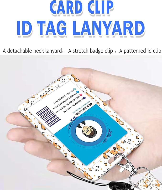 BLOCIT ID Badge Holder with Lanyard - Fashionable ID Card Holders with Retractable Lanyards - Soft Fiber Metal Clip Sturdy Buckle for Key Wallet - Work Nurse Teacher (Cute Puppy Corgi Dog)