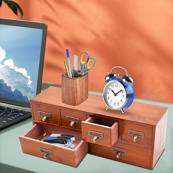 6-Drawer Wooden Desk Organizer, Vintage Desktop Organizer Cabinet Desk Drawer Organizer Storage Box for Office Home, No Assembly Required