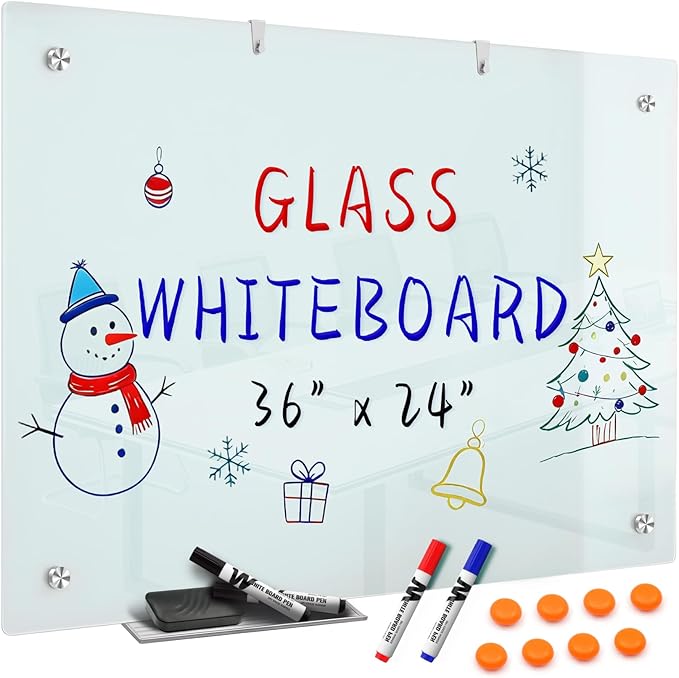Magnetic Glass Dry Erase WhiteBoard: 36 x 24 Inches Wall Mounted, Extra Large Frameless Whiteboard for Office, Home & School, Includes 8 Magnets, 4 Markers, and 1 Eraser (Green, 36'' * 24'')