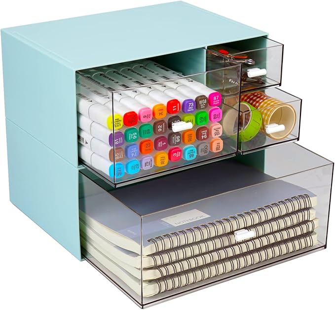 Desk Craft Organizer and Storage with 4 Mixed Drawers, Stackable Plastic Desktop Accessories & Workspace Organizer for Office Stationary, Makeup Skincare, Sanitation Supplies, Blue