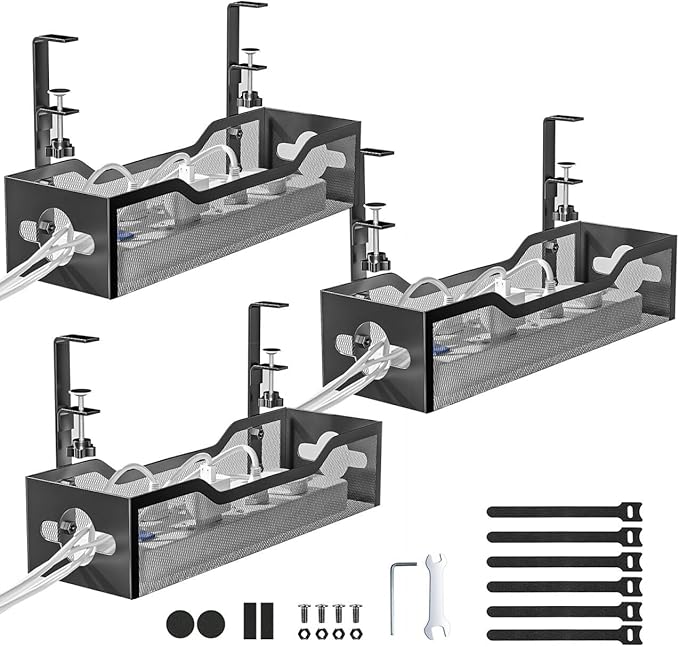 Under Desk Cable Management Tray 3 Pack, Cable Management Under Desk No Drill, Cable Organizer with Clamp for Wire Management, Cord Organizer for Office, Home - No Damage to Table (Black)