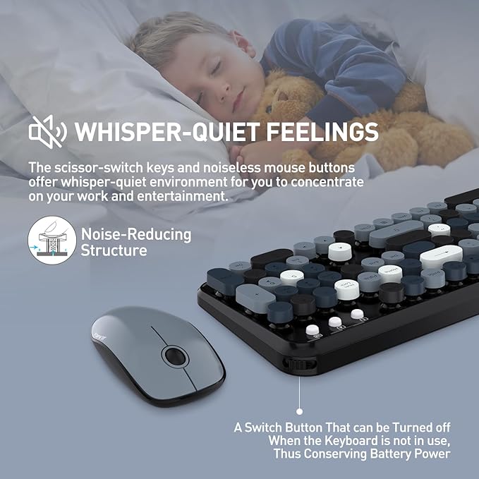 FOPETT Wireless Keyboard and Mouse Combo, 105 Keys Full-Sized 2.4 GHz Round Keycap Colorful Keyboards, USB Receiver Plug and Play, for Windows, Mac, PC, Laptop, Desktop (Grey Colorful)