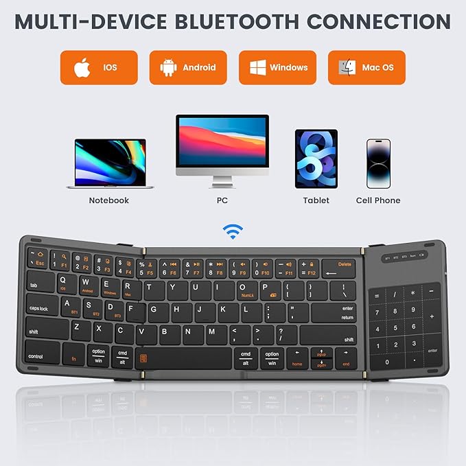 Foldable Bluetooth Keyboard, Portable Full Size Folding Keyboard with Touchpad, Numeric Keypad, PU Leather, Wireless TravelKeyboard for Windows Android Mac(Sync up to 3 Devices)