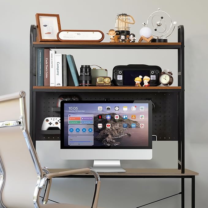 deli Desktop Bookshelf, Metal Desk Shelf Bookcase with Pegboard Hooks Set, 2 Tier Display Rack, Multipurpose Wood Desktop Hutch Storage Organizer for Dorm Office Home