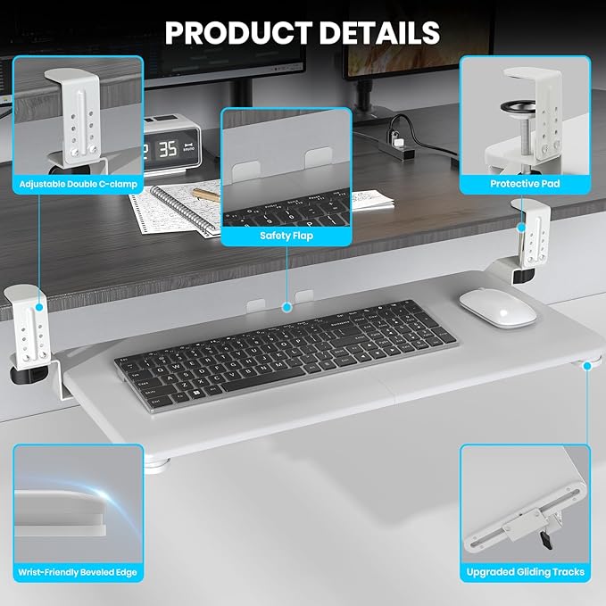Keyboard Tray Under Desk, Pull Out Keyboard & Mouse Tray with Adjustable C-clamp, 25.6(31.5 Including Clamps) x 11.8 Inch Slide Out Computer Keyboard Drawer Mouse Tray for Typing,White