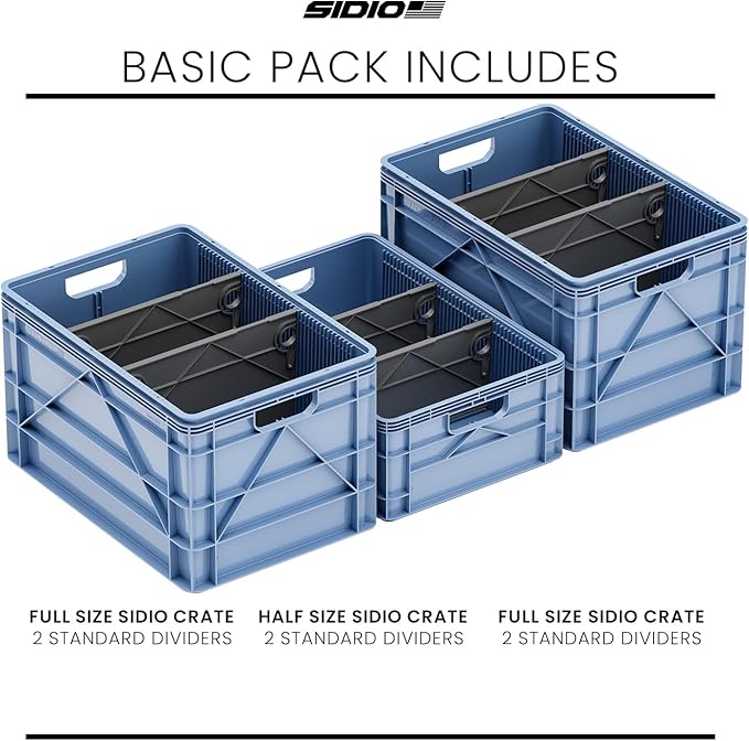SIDIO Crate Basic Pack - 2 Full-Size & 1 Half-Size Heavy Duty Stackable Storage Bins, Totes, Containers with Dividers - Durable Plastic Organizer for Home, Office, Garage, and Outdoor Use, Aircraft