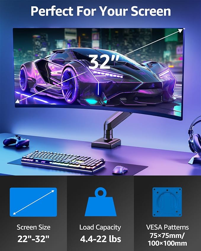 Single Monitor Mount for 32 27 24 22 inch Screen, Monitor Arm Holds 4.4-22 lbs, Monitor Desk Mount, Gaming & Home Office Use, VESA 75x75mm & 100x100mm, Freelift Pro Black