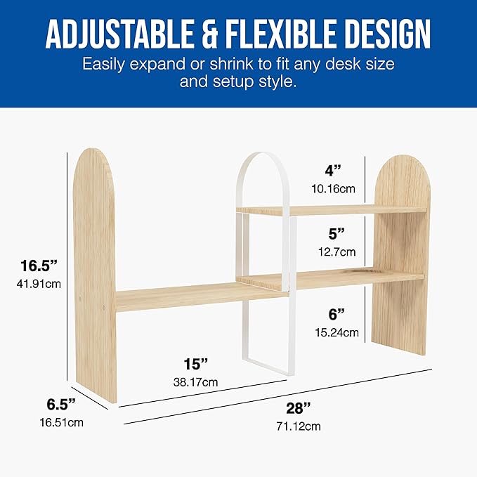 Maplefield Desk Hutch Expandable Shelf Organizer, Natural Finish, Engineered Wood Desktop Storage Rack for Office, Dorm, or Home – Adjustable Over Desk Bookshelf for Supplies, Decor & Accessories