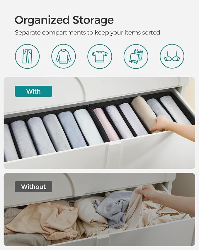 SONGMICS Set of 4 Large Size Wardrobe Clothes Organizers, 6-Compartment Foldable Drawer Organizers with Handles, 16.5 x 11.8 x 6.7 Inches, for Pants, Sweaters, Jeans, Ink Black URUS009B04