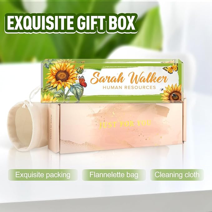 Name Plate for Desk, Desk Name Plate Personalized, Office Decor for Women Men, Acrylic Desktop Accessories, Office Appreciation Gifts for Boss Social Workers Nurse Teacher Employee (Sunflowers)