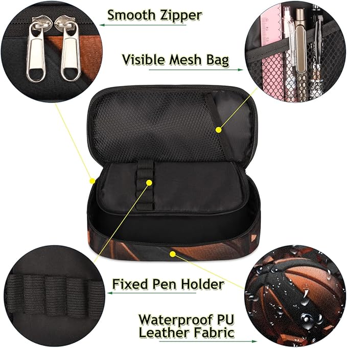 Pardick Basketball Big Capacity Pencil Pen Case Art Painting Large Pencil Pouch with Zipper Compartments Pencil Bag for Boys Girls Adults Student Office School Supplies
