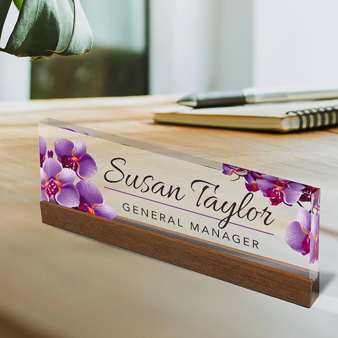 Artblox Personalized Office Desk Name Plate and Business Card Holder | Clear Acrylic Glass with Teak Wood Stand | Purple Orchids Design Customized with Your Name and Credentials Office Desk Decor