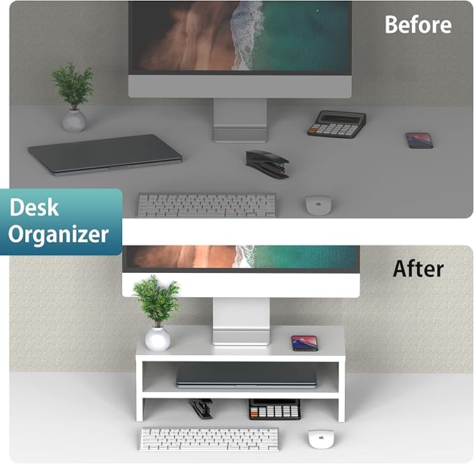 FITUEYES Monitor Stand - 2 Tier Computer Monitor Riser Shelf, Wood Desktop Stand for Laptop Computer Screen, Desk Organization, Office Supplies