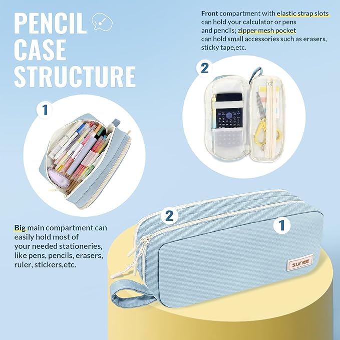 SUNEE Pencil Case, Large Capacity Pencil Pouch, Aesthetic Pen Bag Office Stationery Organizer Simple Sturdy Multifunctional for Teen Girls Women Men, Blue
