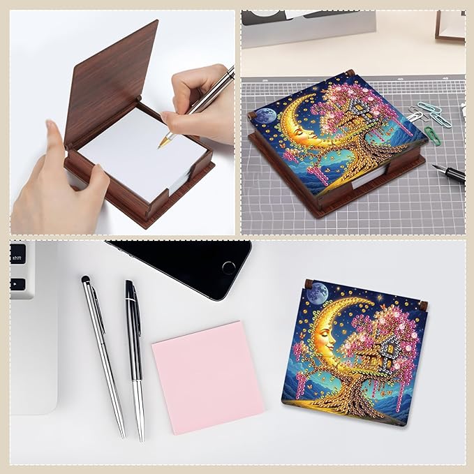 Moon Diamond Painting Kit Note Box,Memo Paper Storage Box Diamond Art,Sticky Note Holder Diamond Art,Diamond Painting Memo Pad For Office Desk. (Moon)