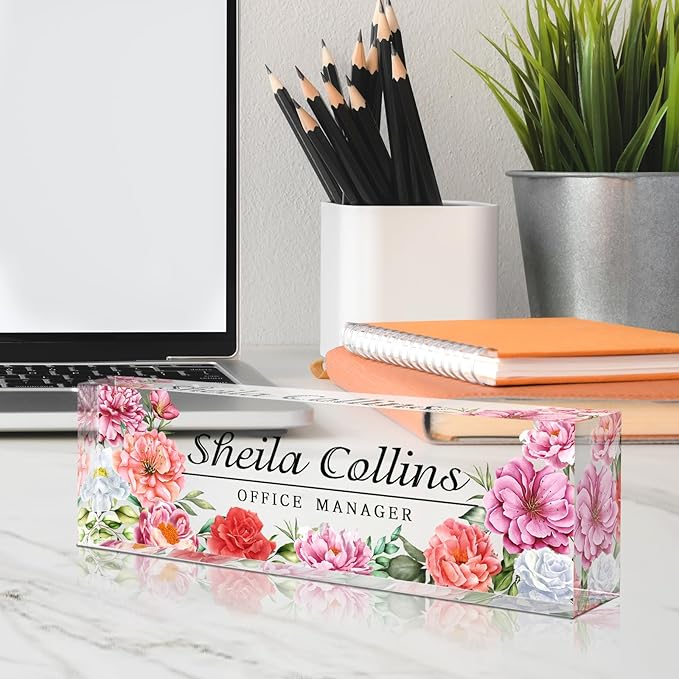 Custom Acrylic Name Plate for Desk, Employee Appreciation Gifts, Office Decor, Personalized, Funny Office Gifts for Coworkers Boss Teacher (Peony)