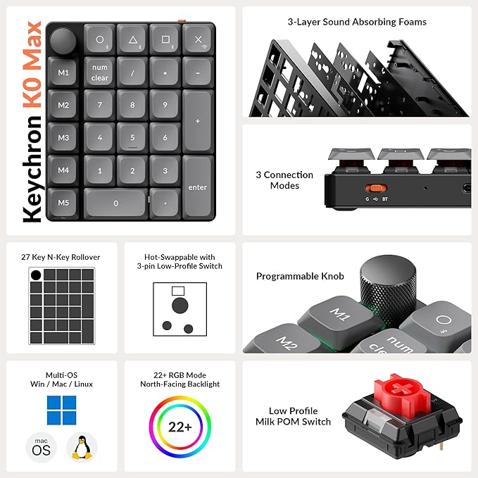 Keychron K0 Max Wireless Low-Profile Number Pad, QMK/VIA Programmable, Hot-Swappable Red Switch, RGB Backlit, 2.4GHz & Bluetooth 5.3, 1000Hz Polling Rate, with Knob, for Windows/Mac