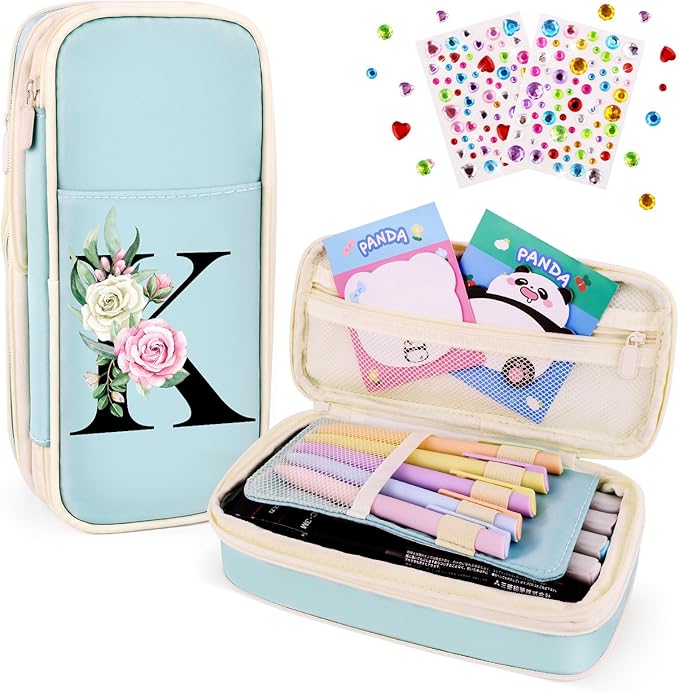 Preppy Pencil Case for Girls, Cute Large Pencil Pouch, Personalized Initial Pencil Bag with Zipper for School College Office Supplies, Back to School Supplies Gifts for Teen Girls (K, Blue)
