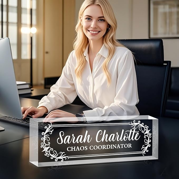 Custom Name Plate for Desk, Personalized Desk Name Plate on Clear Acrylic Glass, Appreciation Gifts for Teacher Employee Boss Coworkers Nurse, Office Desktop Accessories for Women Men (Engraved Thorn)