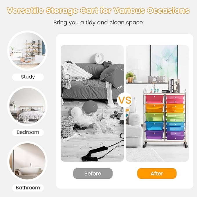 ARLIME 15-Drawer Storage Cart, 15 Drawer Trolley, Rolling Organizer Cart, Scrapbook Paper Organizer, Suitable for Office and School, Rainbow Rolling Office Storage Tools