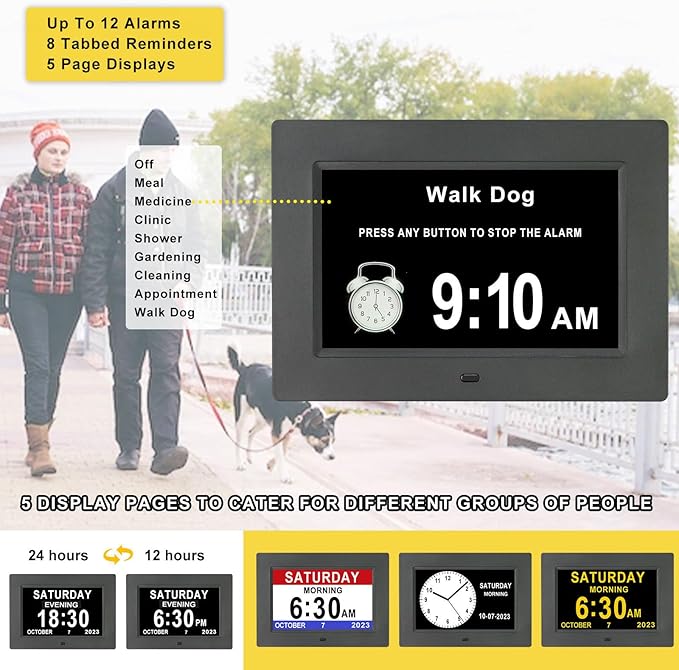 Dementia Clock for Seniors Digital Clock Large Display with Day & Date-12Alarms 3 Colors Display for Elderly with Memory Loss, Alzheimer's, Vision Impaired (7'' Black)