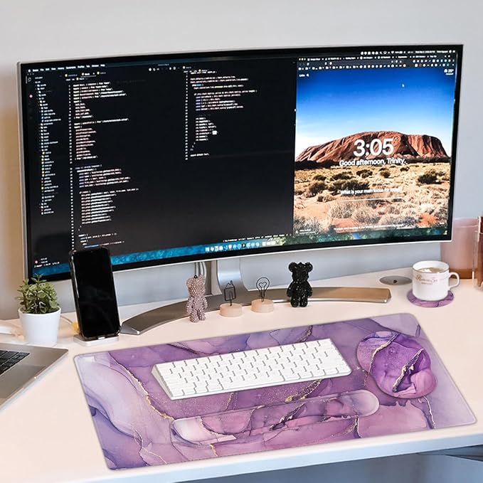 4-in-1 Gaming Mouse Pad Wrist Support Set，Desk Pad + Mouse Pad with Wrist Rest + Keyboard Wrist Rest + Coaster, Ergonomic Design for Home Office Study Game - Purple