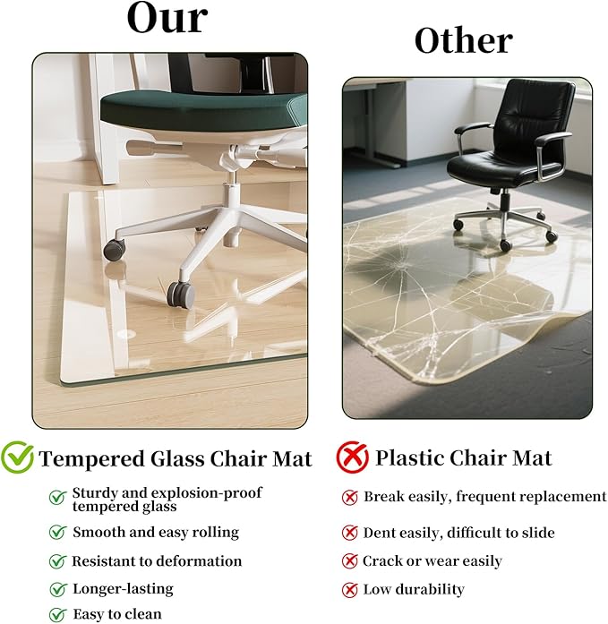 FlyEcho Glass Chair Mat 48" x 80" Heavy Duty Tempered Glass Office Chair Mat, Glass Floor Mat with Round Corner and Polished Edge for Smooth Glide, Carpet Hardwood Floor Protector