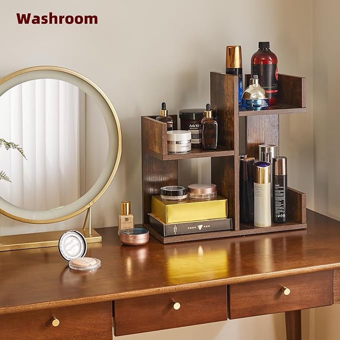 Book Display Shelf Small Desk Organizer, Desk Top Storage Organizer, Cookbook Storage Kitchen Counter Shelf, Tabletop Plant Shelf Stand Rustic Brown YD-DSR002H