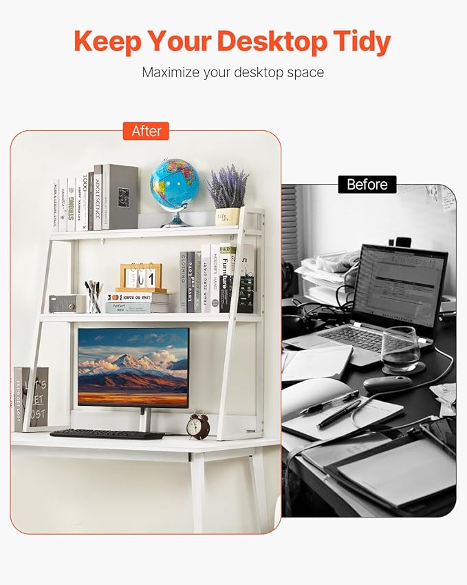 VEVOR Desktop Bookshelf, 2-Tier Desktop Storage Organizer, 37.4" x 12.6" x 35.4" Office Desk Storage Rack Display Shelf, Desktop Bookshelf Hutch with Anti-Slip Feet Pads for Office, Home & Dorm, White
