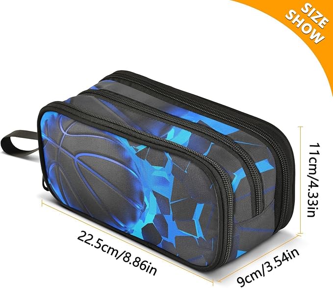 3d Basketball Blue Lighting Pencil Case Box Boys Girls Large Pencil Pouch with Zipper Compartments Big Capacity Stationery Pen Bag Organizer for Kids Teens Adults School