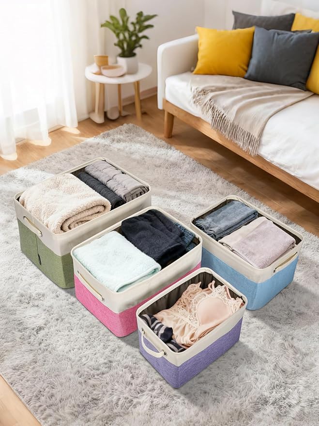BALEINE 3 Pack Fabric Storage Bins for Shelves, Linen Storage Baskets for Organizing, Decorative Closet Bins for Clothes, Home (Black, 14''x10''x8.5'')