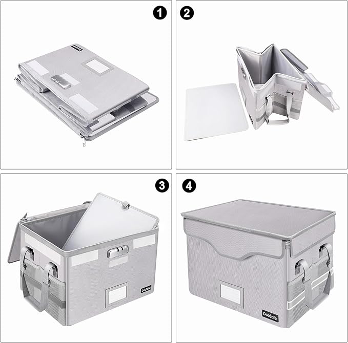DocSafe Fireproof Document Box with Lock,File Storage Organizer with Pockets,Collapsible Portable File Box Home Office Safe Filing Cabinet with Handle for Hanging Letter/Legal Folders,Silver,2 Pack