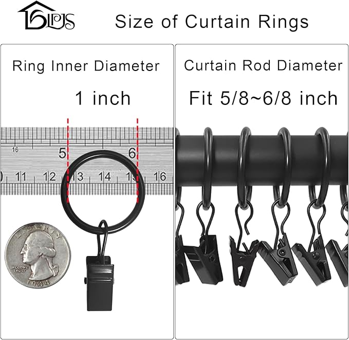 LLPJS 44 Pack Curtain Rings Hooks, Hanger Clips for Hanging Drapery Drapes Bows, 1 inch Interior Diameter, Fits up to 5/8" Rod, Black