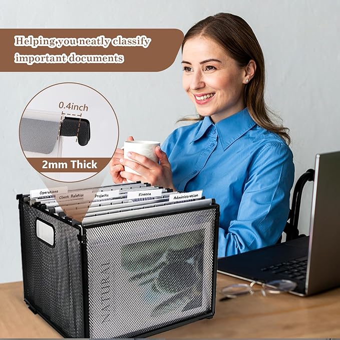 10 Pack Extra Capacity Hanging File Folder Plastic Letter Size Filing Cabinet Reinforced Hang Folders with Heavy Duty 4 Inch Expansion Black Insert Gasket 8.5” X 14” for Insertable Tabs