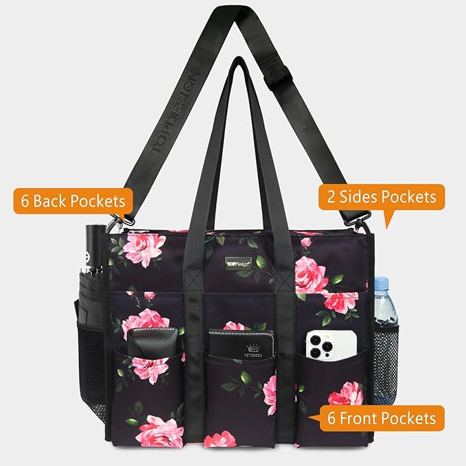 TOPDesign Utility Water Resistant Tote Bag with 22 Pockets, Top Zipper Closure & Thick Bottom Support, for Working Women