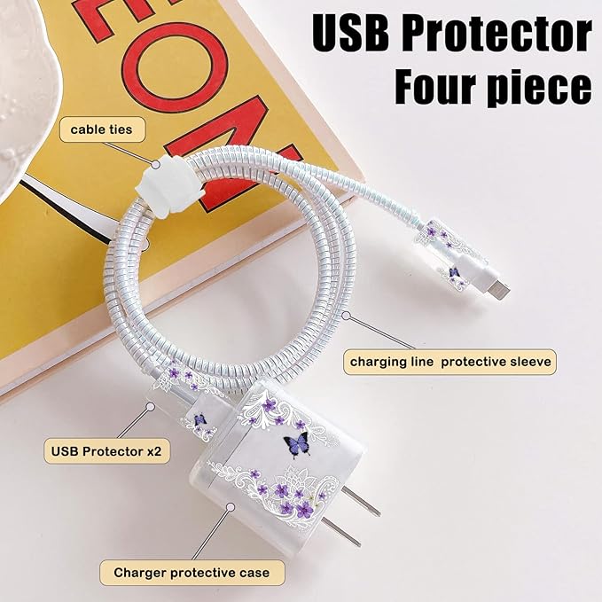 CameCosy Cute DIY Protectors Cable Protector for iPhone Charger,Elegant White Lace Pattern,Data Cable USB Charger Data Line Earphone Wire Saver for iPhone X 13 12 11 Pro Max