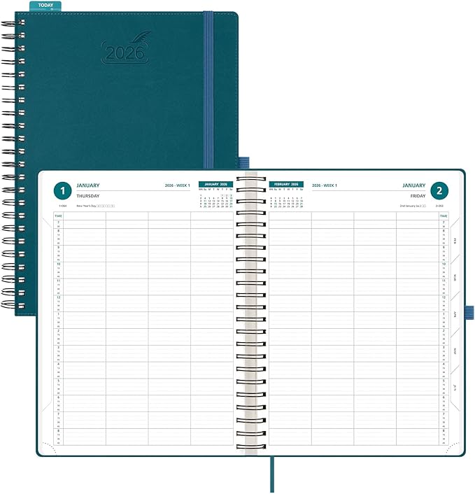 BEZEND Daily Appointment Book 2026 Page per Day Even Weekends (Large-8.25" x 11.75") 15-Minute Timeslots in 4 Columns, Monthly Planner with Tabs & Week Schedule, PU Leather Softcover in Dark Green