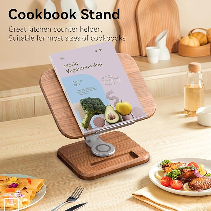 Book Stand for Reading, Mayhas Adjustable Book Holder with 360° Swivel Base&Page Clips, Foldable Desktop Stand for Cookbook, Fits All Books (Cherry Wood, Wood Base)