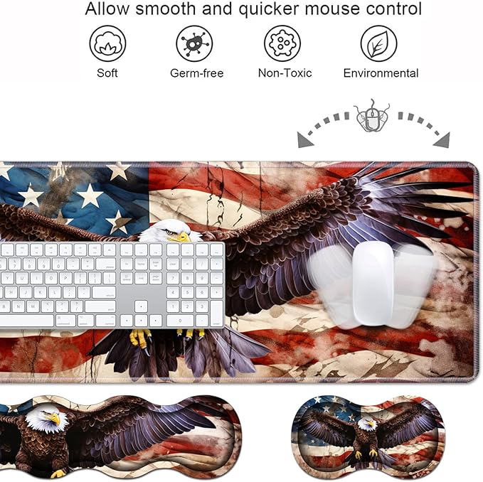 Ergonomic Keyboard Wrist Rest & Mouse Pad Wrist Rest Set,Large XXL Gaming Desk Mat 31.5"x 11.8" with Memory Foam,Easy Typing Pain Relief for Office & Home,Vintage USA Flag American Patriotic Eagle