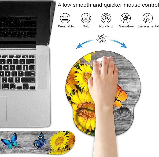 Keyboard Wrist Rest and Mouse Pad Wrist Support Set with Coasters, Non-Slip PU Base Ergonomic Gaming Mousepad for Home Office Working Studying Easy Typing & Pain Relief - Sunflower and Butterfly