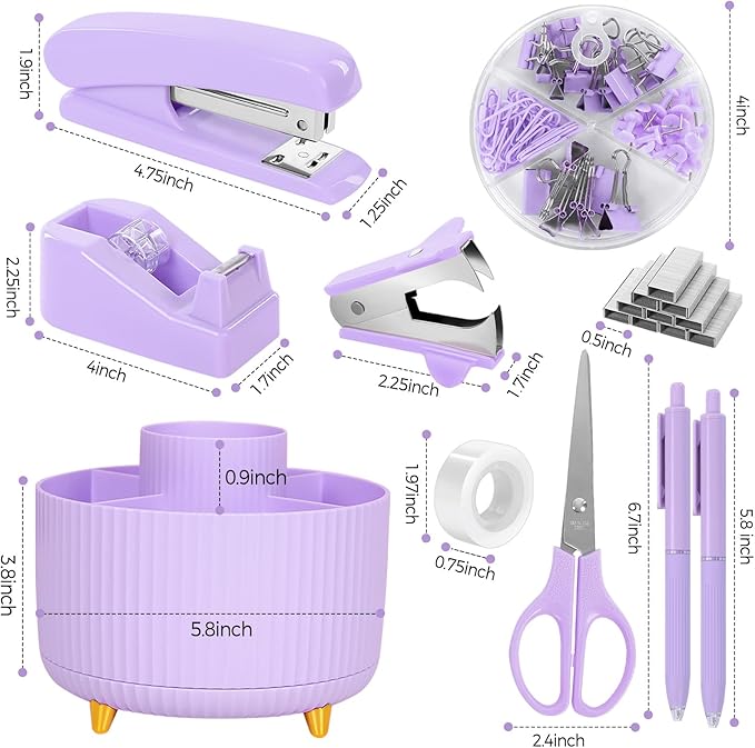 SKYDUE Purple Office Supplies Set, Purple Office Desk Accessories 10PCS, Pencil Holder for Desk, Stapler, Tape Dispenser, Scissors, Ruler, Binder/Paper Clips and 1000pcs Staples,Desk Supplies Set