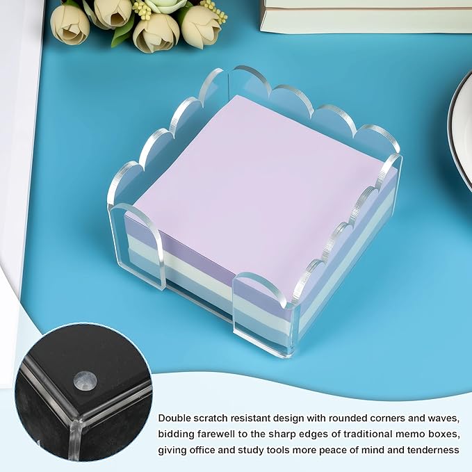 1 PC Scalloped Acrylic Sticky Note Holder 3"x3" Crystal Clear Sticky Note Holder Dispenser for Classroom, Desk Organizer Accessories for Dorm Room, School Office Necessities